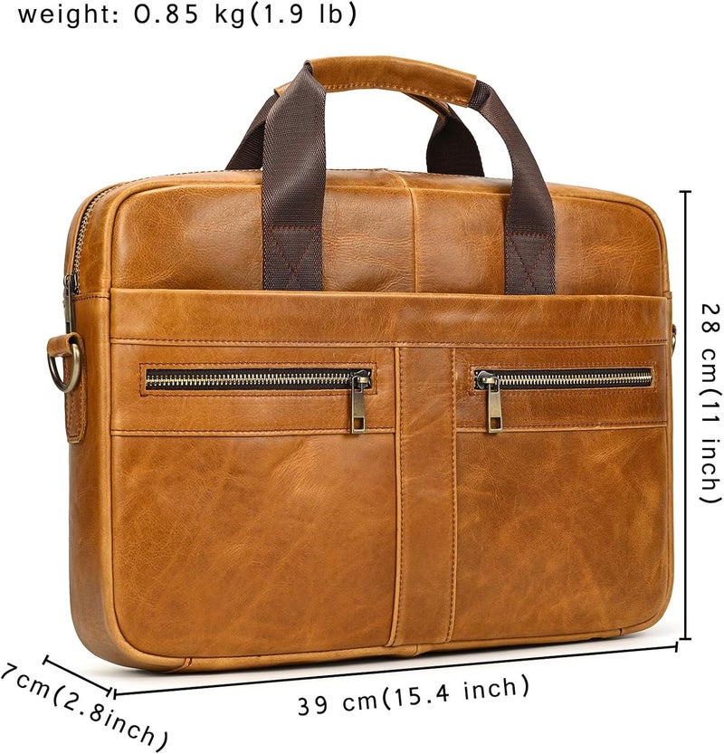 SAIION Genuine Leather Briefcase for Men, Laptop Computer Shoulder Bag With Strap, 15.6 Inch Business Travel Work Handbag - Image 2